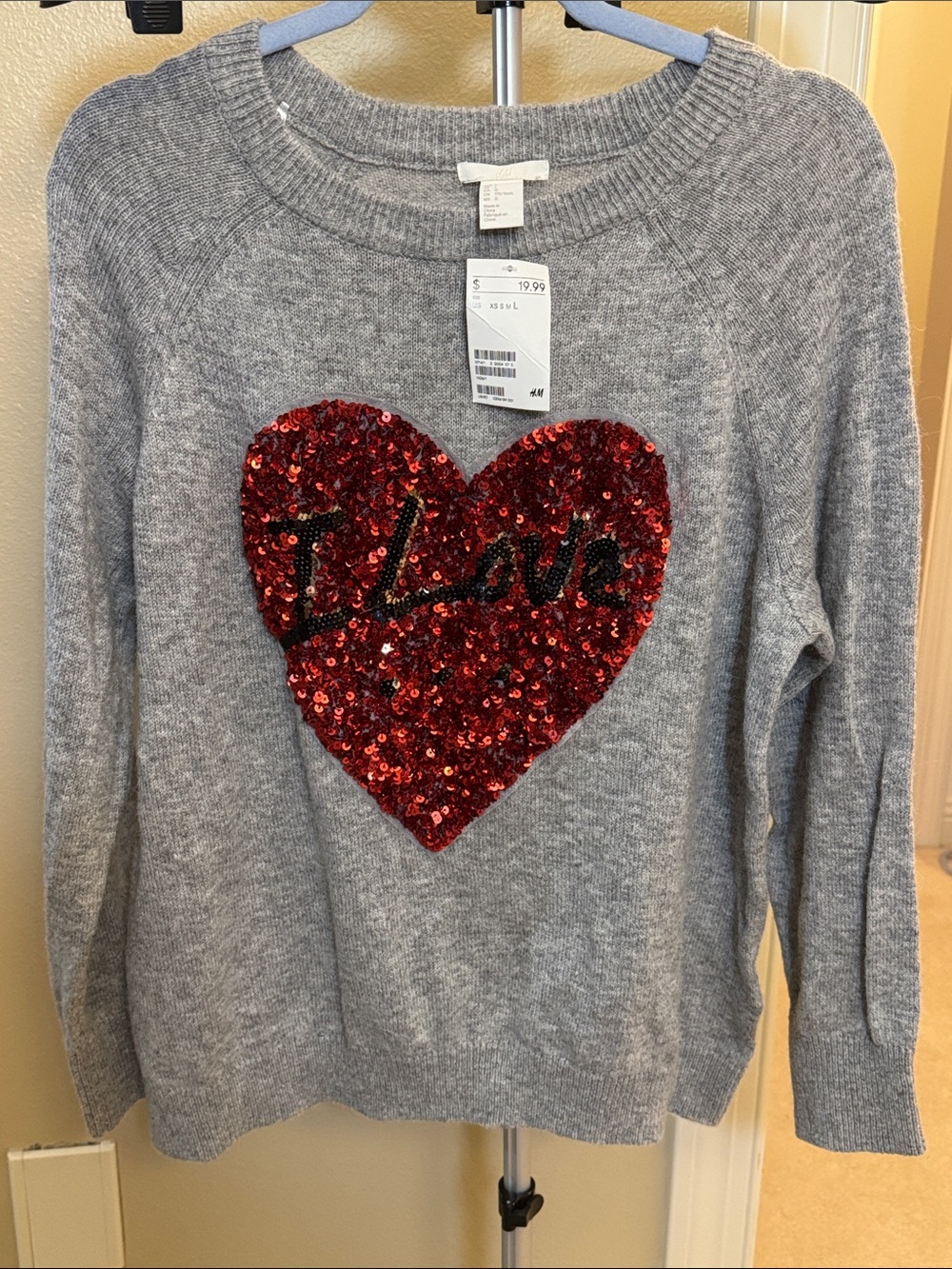 H&M Gray Crewneck Sweater with Red Sequin Heart